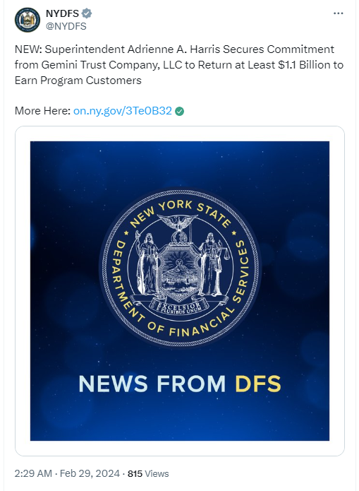 NYDFS And Gemini Strike Deal: $1.1 Billion To Be Returned To Earn Customers
